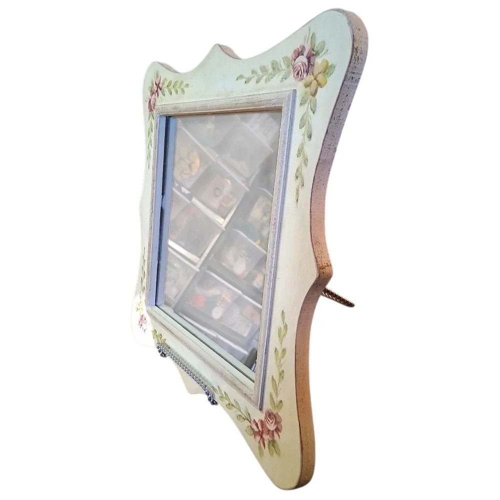 Cottage Core French Country Antiqued Green Pink Yellow Floral Wall Mirror 15.5